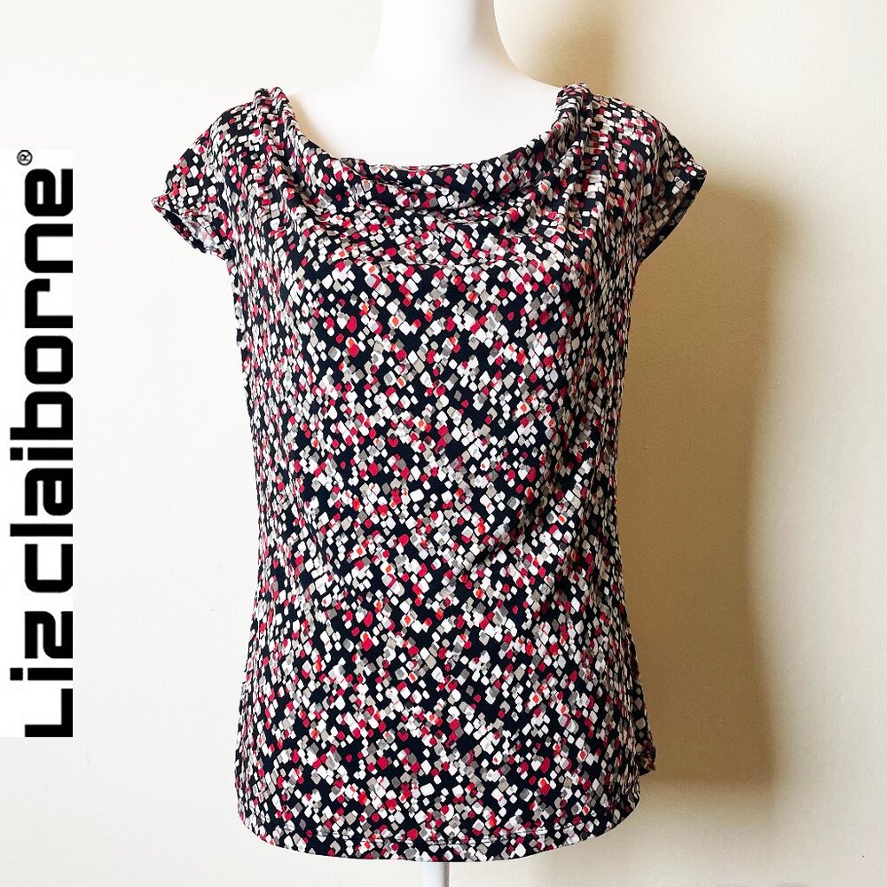Liz Claiborne Cowl Neck Short Sleeve Multicolor Office Blouse | Size Small | EUC